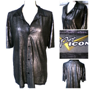 Vtg Pop Icon Disco Shirt M Black Silver Shiny USA Y2K Party Fun Rave Disco 90's